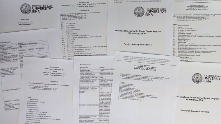 Collage with first pages of module catalogue and regulations of M.Sc. Microbiology study program.